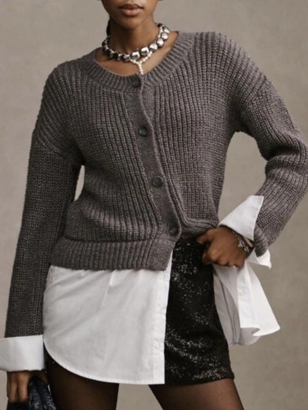 By Anthropologie Cropped Twofer Cardigan Sweater Gray And White Poplin Size S